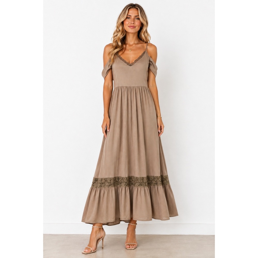 Joy‎ Folie Maxi Dress Taupe Brown Cold Shoulder Lace Trim Boho V-Neck Ruffle Hem